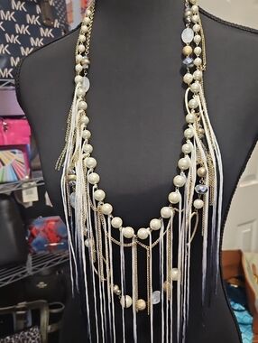 Layered Pearl Fringe Necklace in Cream and Gold - 2 Piece